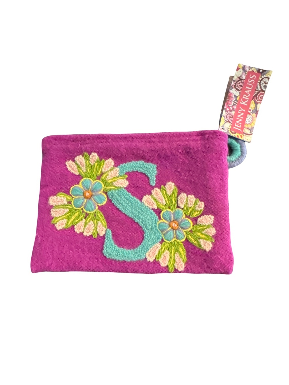 NWT Jenny Krauss Hand Embroidered Wool Monogram Letter "S" Pouch Bag Boho Chic